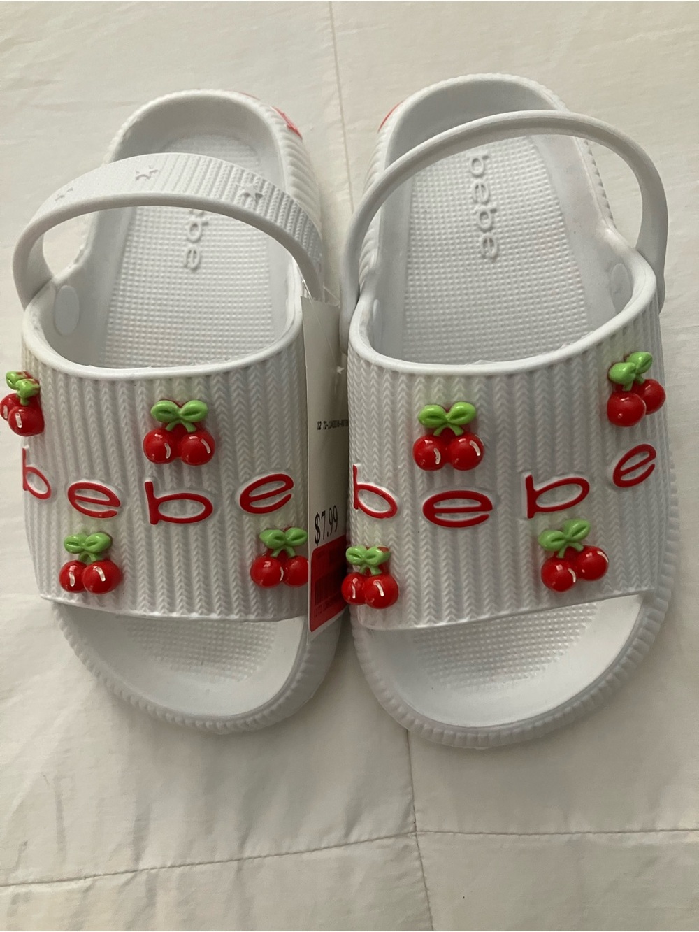 bebe White Slide Sandals with Red Cherry Accents